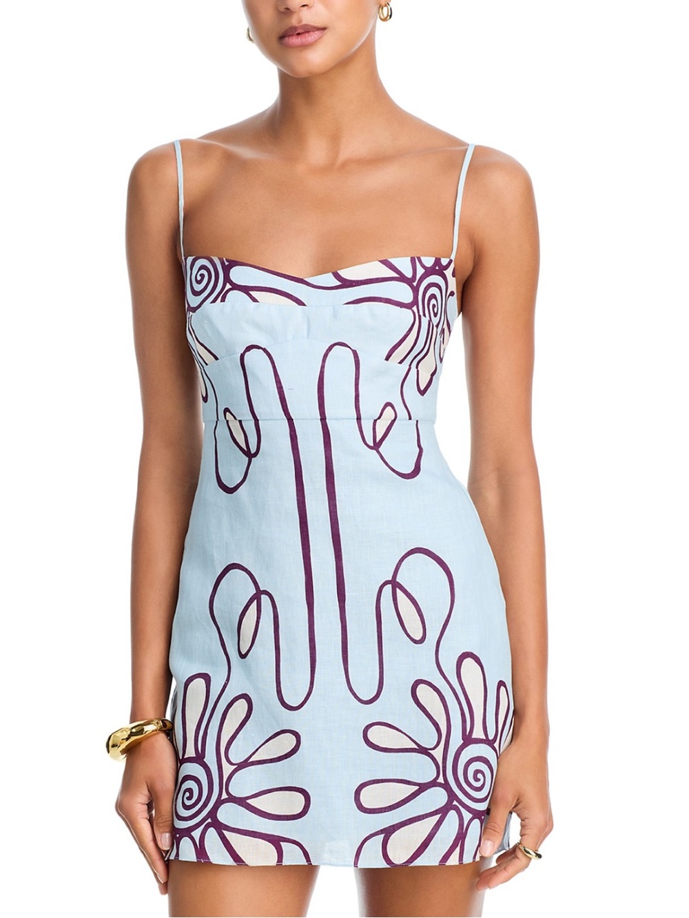 Light Blue Spaghetti Strap Mini Dress with Plum Floral Print